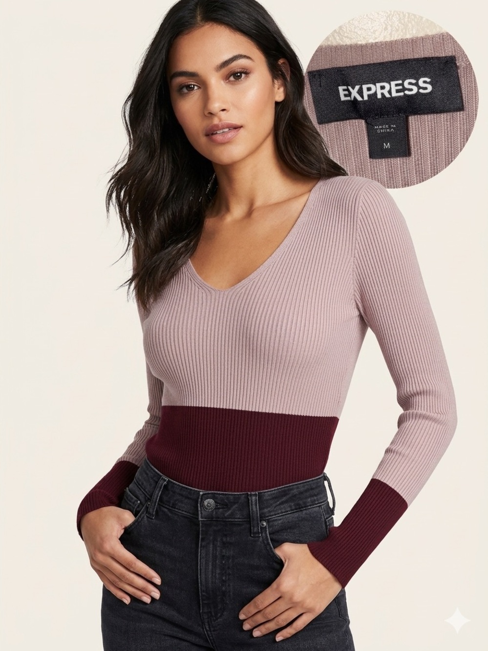 Express Colorblock Ribbed V-Neck Sweater - Mauve & Burgundy